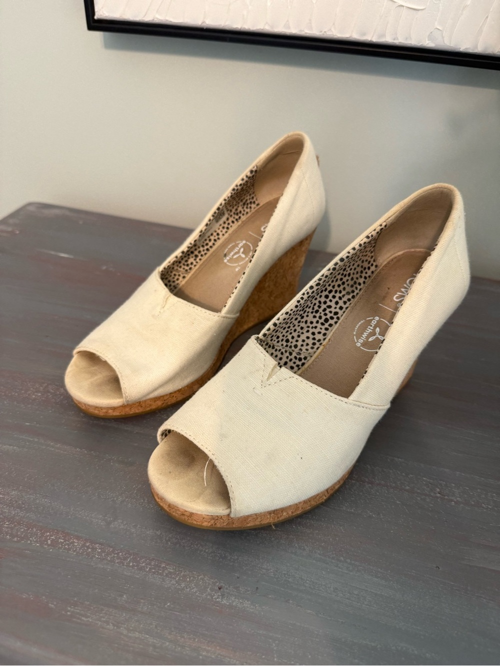 Tom’s Canvas Peep-Toe Wedge Sandals - Cream